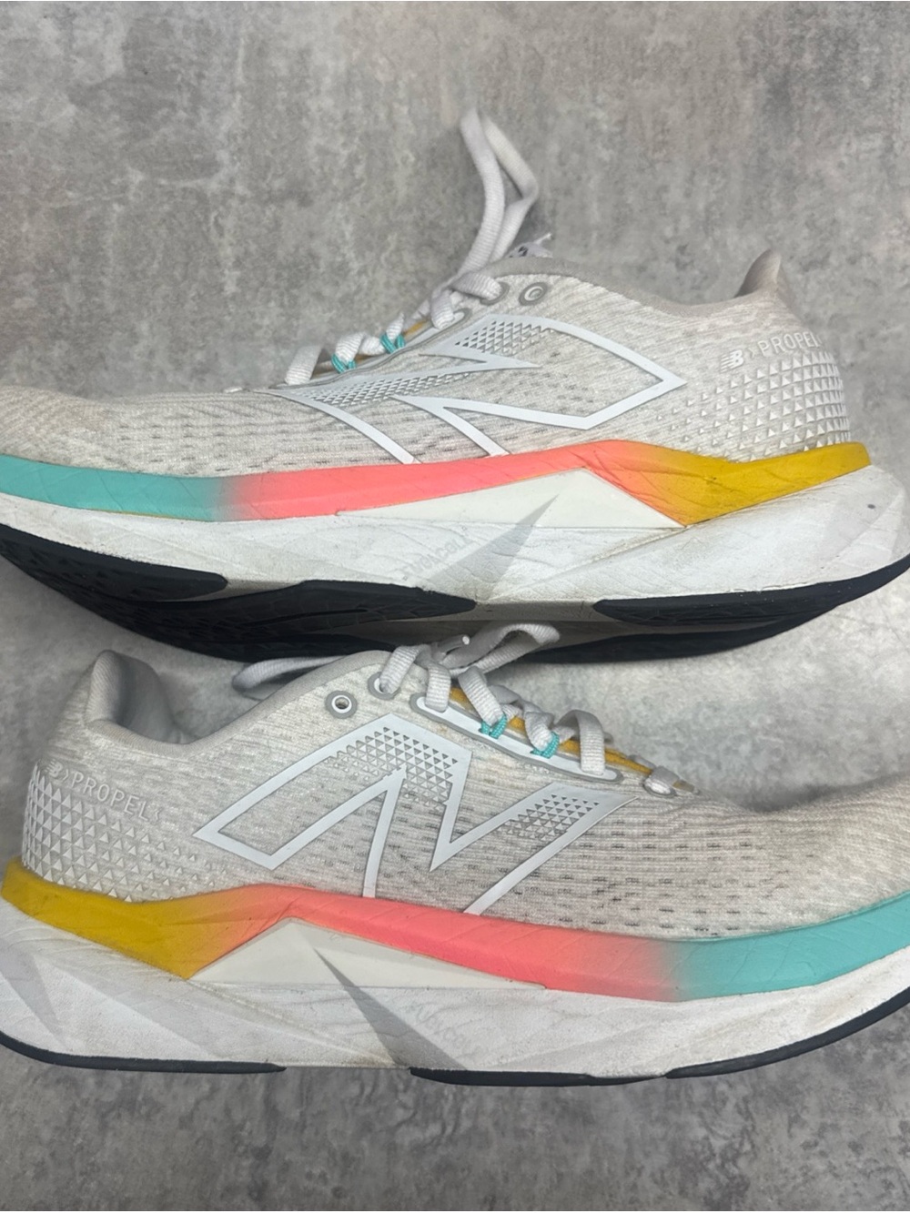 New Balance Light Gray Women's Running Sneakers with Teal Coral Yellow Gradient